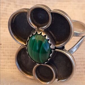 Sterling Silver Flower Ring with Green Malachite Center Native American